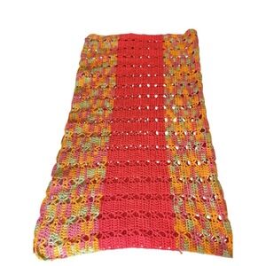 Handmade Crochet Afghan Throw Pink Multi-Color Open Weave Blanket 45x35.75